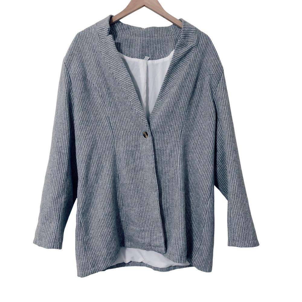 Women Herringbone Blazer‎ XXL Gray Oversized Single Button Preppy Academia